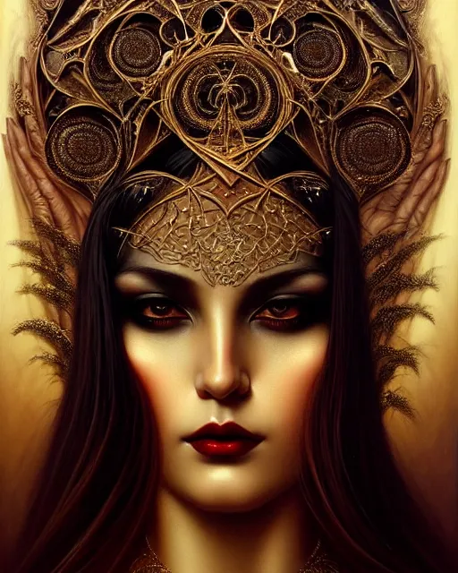 Image similar to portrait of a beautiful goddess, enigmatic beauty, dominant shades of black, gold silver, dark red, white, head in focus, fantasy art, ornamental aesthetics, intricate, elegant, highly detailed, hyperrealistic, artstation, concept art, soft illumination, painterly, sharp focus, by karol bak