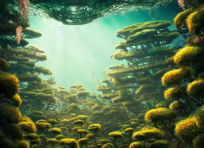 Image similar to overgrown foliage overtaking a maze of tall japanese architecture, underwater environment, borealis, scenery, professional, award - winning, trending on artstation, hyper detailed, realistic, beautiful, emotional, shiny, golden, picture