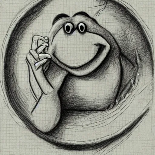 Image similar to Kermit the Frog in the deepest circle of Hell, in the style of the Divine Comedy by Dante Alighieri, pencil sketch