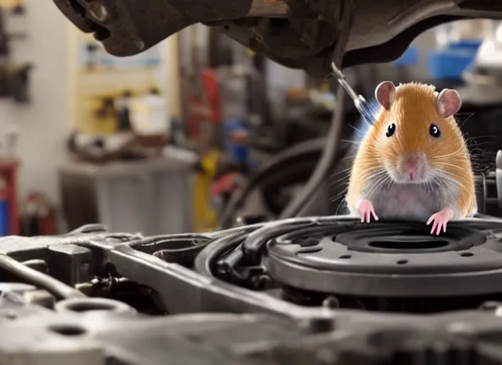 Image similar to film still of a hamster working as a mechanic in an auto shop, 8 k