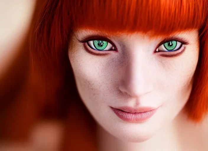 Image similar to 5 5 mm portrait photo of a redhead woman's face with ( intricate cat eyes )!!. highly detailed 8 k. intricate. lifelike. soft light. nikom d 8 5 0. cinematic post - processing