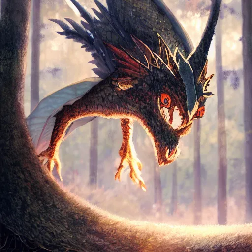 Image similar to cute anime dragon in cold forest, dnd character, background focus, fantasy, lizard legs, magic, realistic textured skin, big lizard head, eagle feather, eagle wings, glowing eyes, clear clean, byartgem, boris valejo, alexandra fomina artstation, by makoto shinkai, digital painting, beautiful