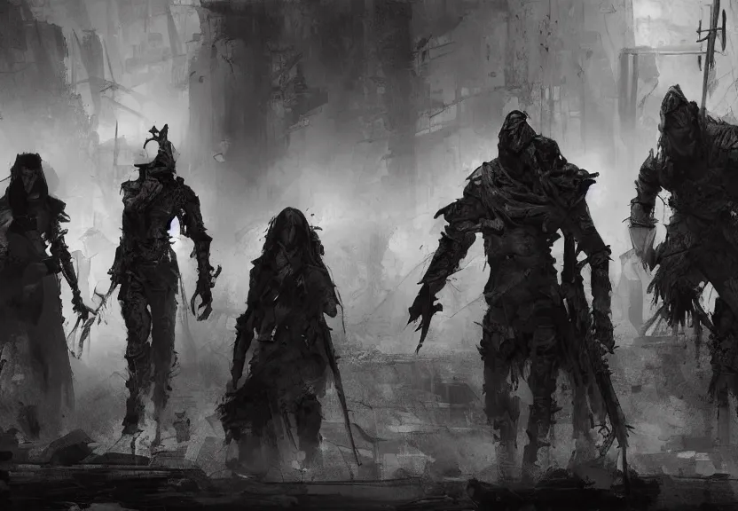 Prompt: painting of the dark figures of three people in a post apocalyptic scenery, high contrast, concept art, dramatic lighting, digital art, 8 k, extremely detailed, drawn by ruan jia