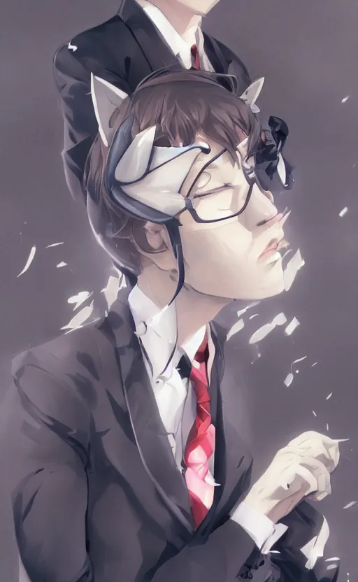 Image similar to A realistic anime portrait of a handsome young man with cat ears wearing a suit, by WLOP and Rossdraws, digtial painting, trending on ArtStation, deviantart