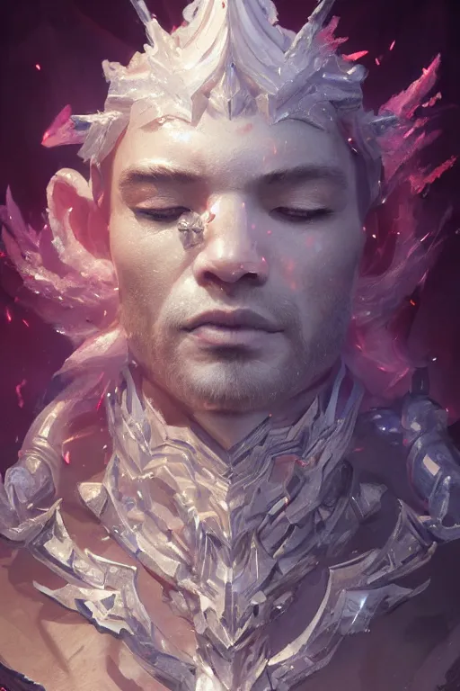 Prompt: a fancy portrait of a crystalized god by Greg Rutkowski, Sung Choi, Mitchell Mohrhauser, Maciej Kuciara, Johnson Ting, Maxim Verehin, Peter Konig, final fantasy , mythical, 8k photorealistic, cinematic lighting, HD, high details, atmospheric,