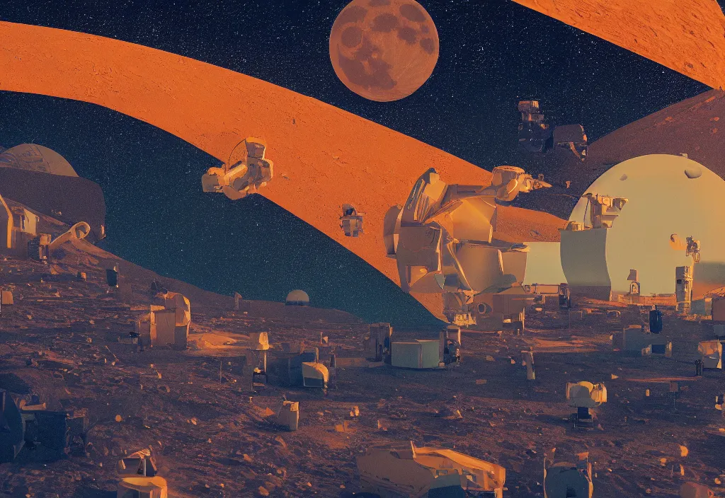 Prompt: accidentally wes anderson award - winning photograph of a lunar cosmic city, art by greg rutkowsky, trending on artstation, cinematic lighting, filmic grain, golden hour, detailed, 4 k