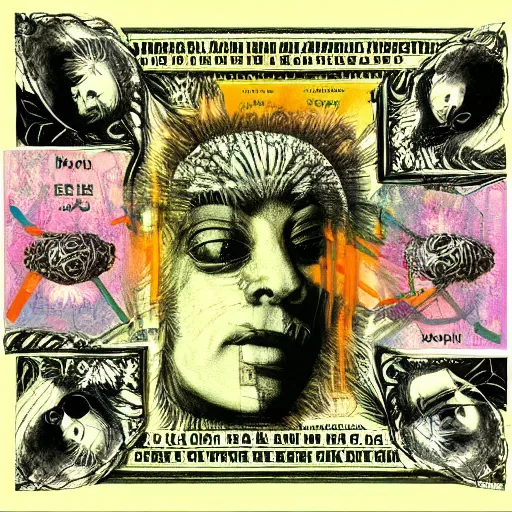 Image similar to post - punk new age album cover, asymmetrical design, frame of a dollar bank notes, capitalism, magic, apocalypse, psychedelic, black white pink, magic, giger h. r., giuseppe arcimboldo