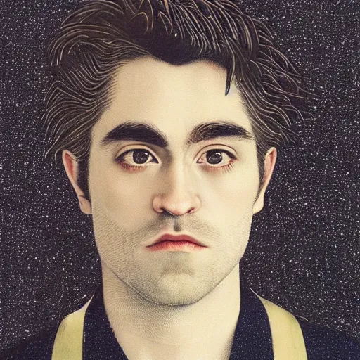 Prompt: “ robert pattison portrait by ikenaga yasunari and ayana otake and ko rakusui, drawing, realistic, sharp focus, japanese, dreamy, nostalgia, faded, golden hues, floral clothes ”