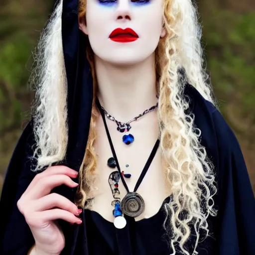 Image similar to a beautiful english woman with a long face narrow nose pale skin blue eyes red lips and wild messy tangles of curly white blonde hair, high resolution film still wearing a black robe and skull necklace and holding a crescent moon spade, sandy, a journey to the west