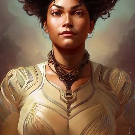 Image similar to beautiful, strong, mixed race, female, aged 4 0, face, head shot, fantasy, highly detailed, digital painting, artstation, concept art, smooth, sharp focus, illustration, art by artgerm and greg rutkowski and alphonse mucha