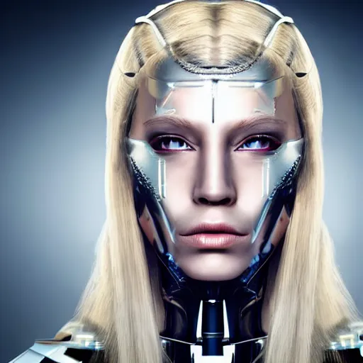 Prompt: full body of a very pretty blond borg queen on a borg ship, cybernetic implants, perfect face, symmetrical face, moody lighting, shallow depth of field,