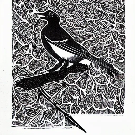 Prompt: magpie, detailed intricate block print, 4k, black ink on white paper