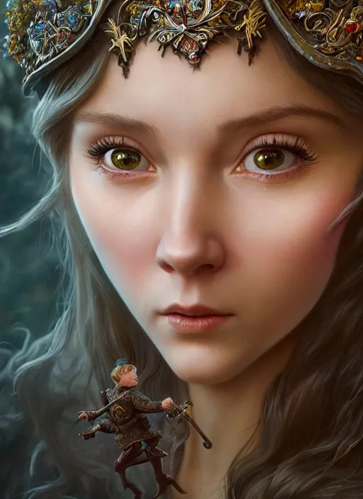 Prompt: highly detailed closeup portrait of a fairytale princess with a medieval goblin, stephen bliss, unreal engine, greg rutkowski, ilya kuvshinov, ross draws, hyung tae and frank frazetta, tom bagshaw, tom whalen, nicoletta ceccoli, mark ryden, earl norem, global illumination, god rays, detailed and intricate environment