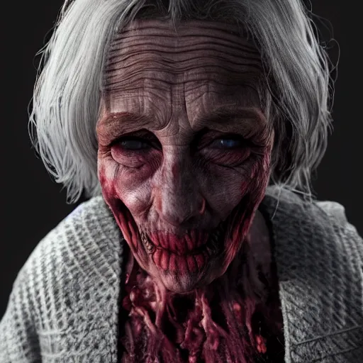 Image similar to a highly detailed photographic render of a creepy old lady, bloody, cannibal woman, cinematic lighting, cinematic scene, Volumetric lighting, Atmospheric scene, Dark, Horror, Atmospheric lighting, Global illumination cinematic render, film, beautifully lit, ray traced, octane 3D render, octane render, unreal engine