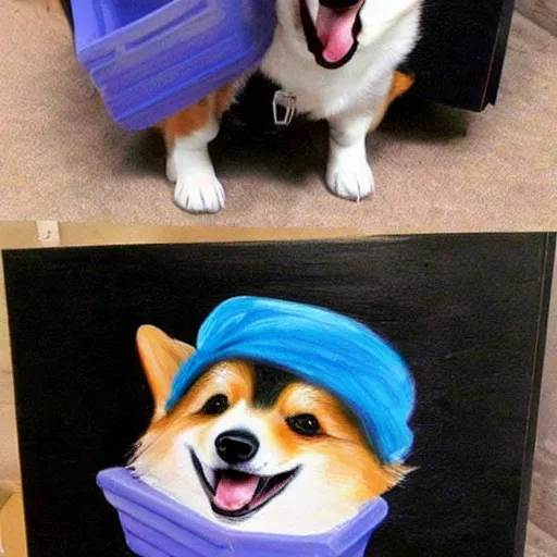 Image similar to corgi playing painting, cute, happy, smiling