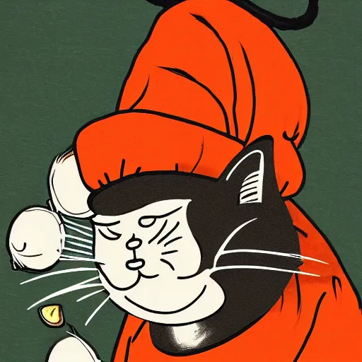 Image similar to a highly detailed illustration of an angry cat with a chef hat baking cookies, done in the style of ukiyo - e, 4 k