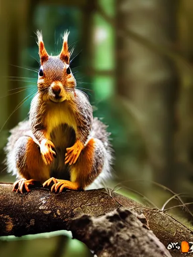 Prompt: the squirrel king, extremely plump and sitting on his throne made of tree branches in his forest palace, wearing his crown of acorns and dandelions. hundreds of squirrels groveled at his feet or fanned him with ivy leaves and fed him acorns, king arthur's court, fantasy art, cinematic lighting, rendered in octane, 8 k, god rays