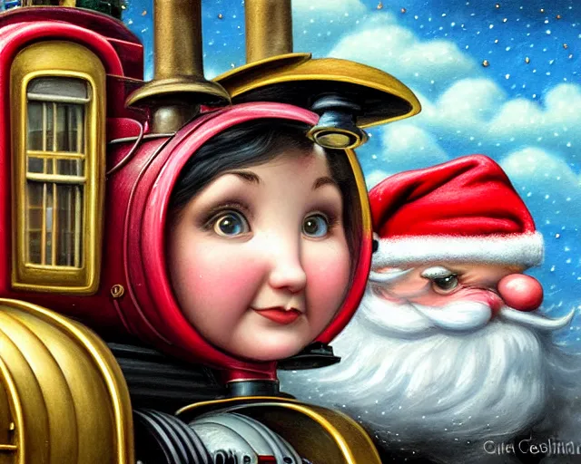 Image similar to closeup profile portrait of victorian steam trains, nicoletta ceccoli, mark ryden, lostfish, max fleischer, hyper realistic, artstation, illustration, digital paint, matte paint, vivid colors, bright, cheerful, detailed and intricate christmas environment