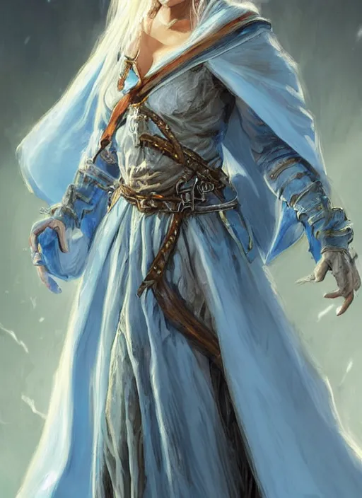 Image similar to light blue cloak female priest, ultra detailed fantasy, dndbeyond, bright, colourful, realistic, dnd character portrait, full body, pathfinder, pinterest, art by ralph horsley, dnd, rpg, lotr game design fanart by concept art, behance hd, artstation, deviantart, hdr render in unreal engine 5