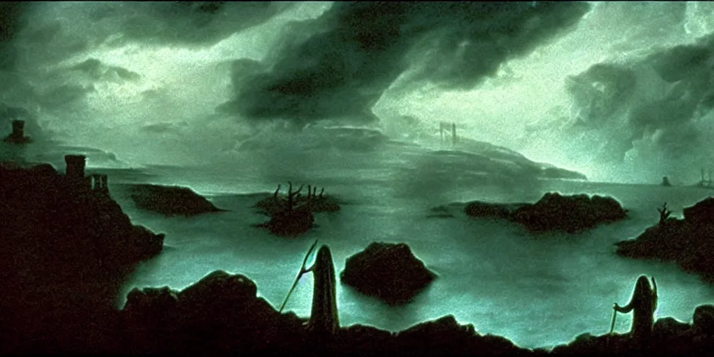 Image similar to eerie, greek fantasy landscape, styx the river of the dead, a giant smiling translucent shining ghost figure in the stormy clouds, stanley kubrick movie frame