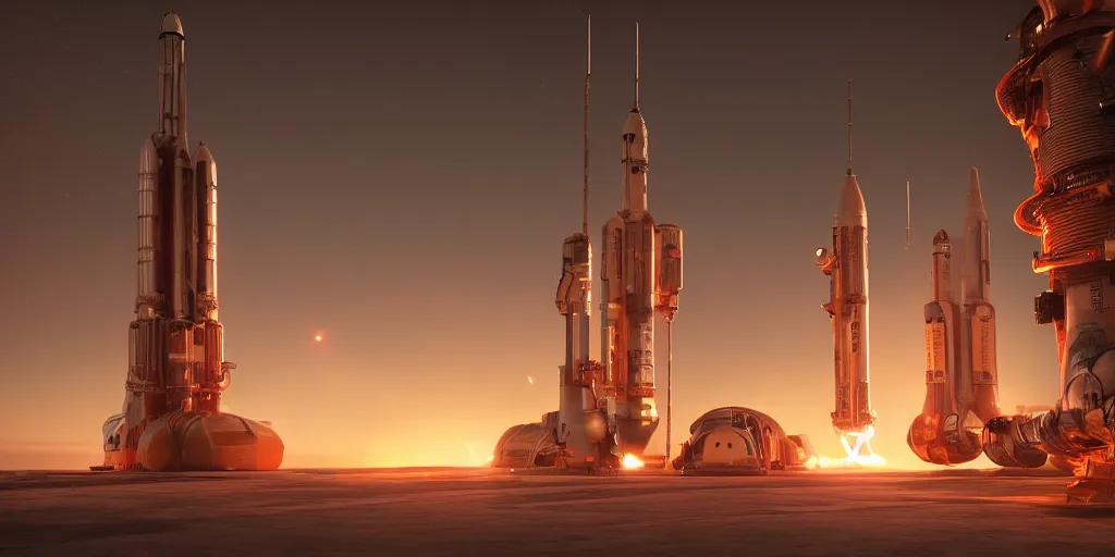 Image similar to futuristic steampunk rocket launch station, baikonur, stunning volumetric lighting, sundown, trending on Artstation, 8k, photorealistic, hyper detailed, unreal engine 5, cinematic, epic lighting, cryengine, octane render, cyberpunk, red and orange glow