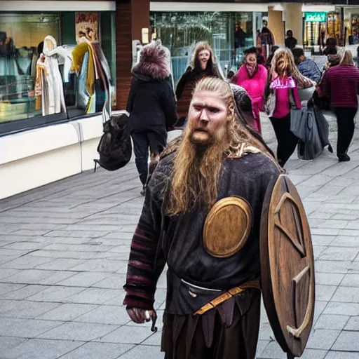 Prompt: viking dejected leaving local mall