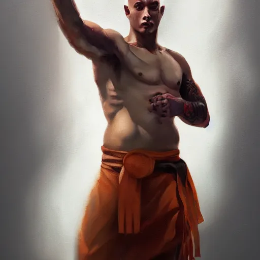 Prompt: A matte oil on canvas portrait of a male martial artist monk, orchid arm tattoos by greg rutkowski and artgerm, trending on artstation, dungeons and dragons art