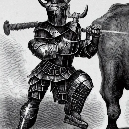 Image similar to a minotaur wearing steel plate armor and holding a mace, human dressed as a bull