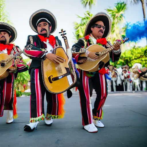 Image similar to a cream-colored Havanese shih tzu dogs dressed as mariachi musicians playing in a mariachi dog band, at fiesta in Mexico, Leica 35mm, 4K