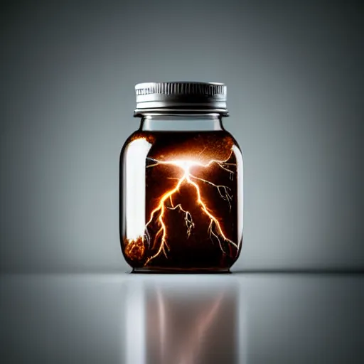 Image similar to lightning in a jar,photorealistic,studi photo,studio lighting,depth of field,focus lens