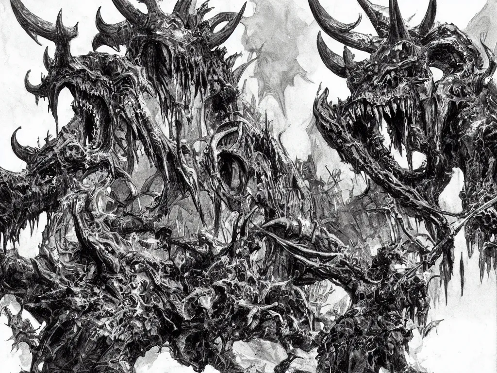 Image similar to concept art illustration of a mastodonic brutalist demon with 5 horns destroying a medieval village, cinematic lightning, art by bernie wrightson