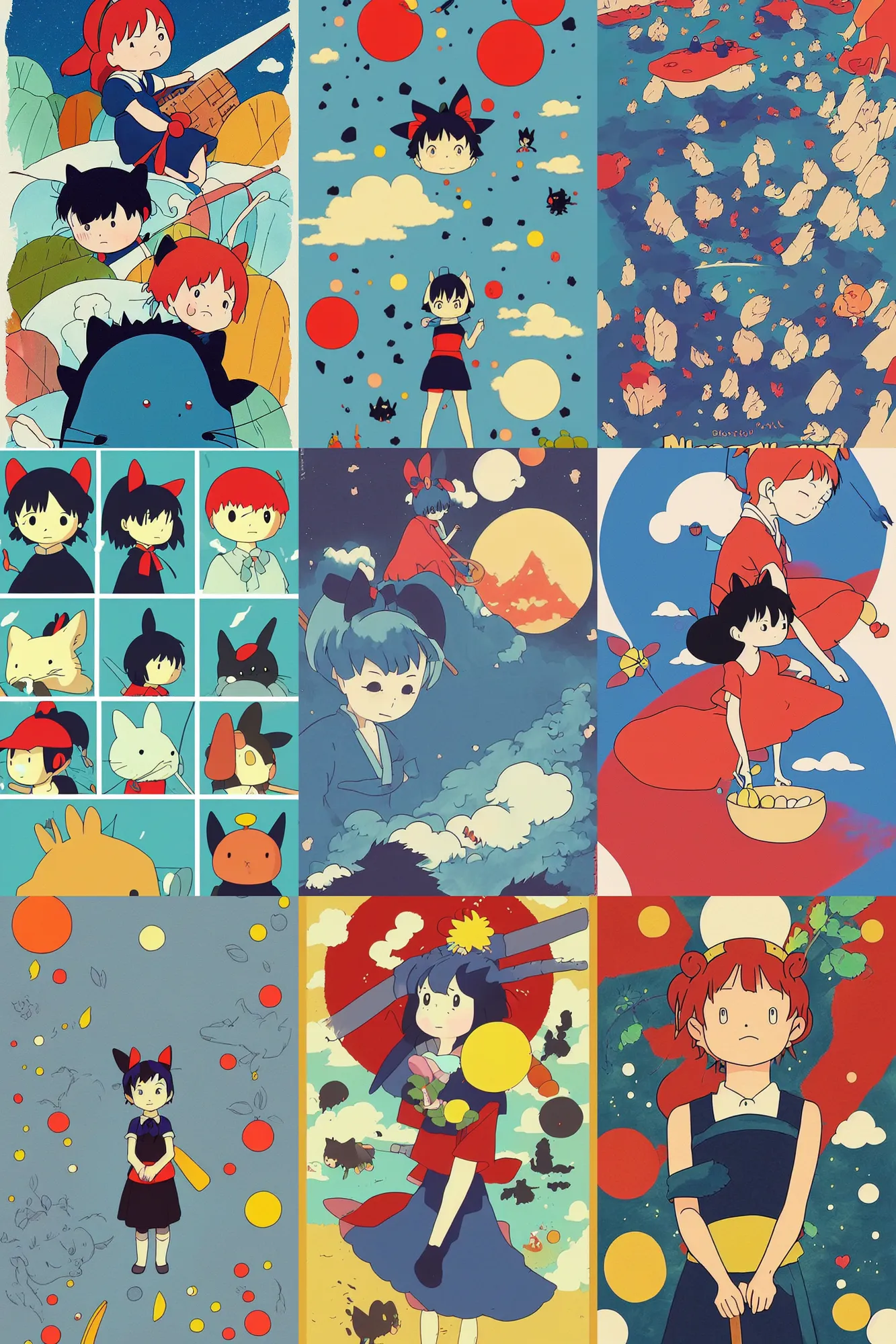 Prompt: Kikis Delivery Service, Ponyo Hayao Mitazaki, 2008 Studio Ghibli Minimal Movie Posters, fantasy magic, art masterpiece #wip #illustration #illustradraw #illustrator #vector #colors #colorschemes