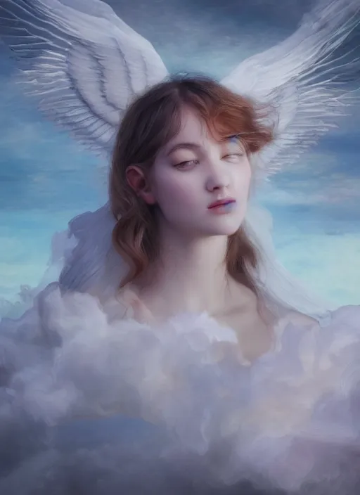 Image similar to painting of a floating angelic spirit made out of clouds and floating ribbons, beautiful female face, spectrum colours, angelic, realistic, raphaelites, baroque, renaissance, cinematic light, volumetric, octane render