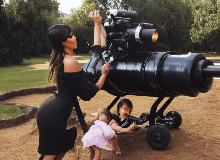 Image similar to photography of Kim Kardashian shooting a baby out of a cannon