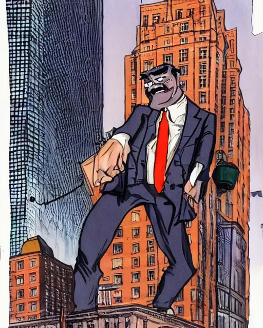 Image similar to sinister smug male antagonist in suit, uptown'wall street'city street, artwork by ralph bakshi