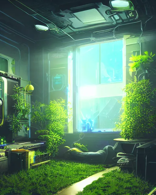 Prompt: Solarpunk gaming PC, futuristic utopia, scifi, green plants, blue light, small room, fine details, atmosphere, glow, extreme realistic, trending on artstation