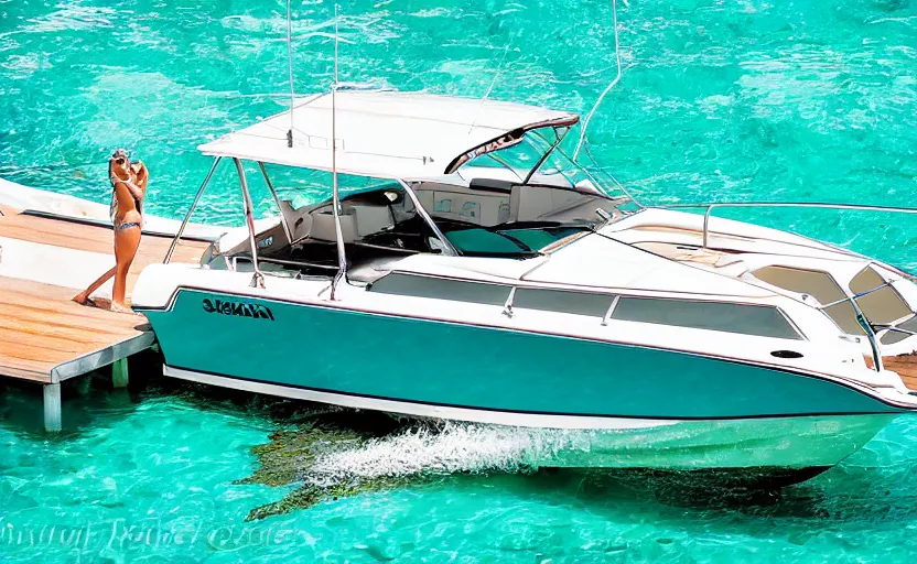 Prompt: a sport boat in a turquoise water. miami. 8 0's style