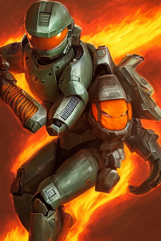 Prompt: charmander playing as master chief, oil on canvas, intricate, 8 k highly professionally detailed, hdr, cgsociety