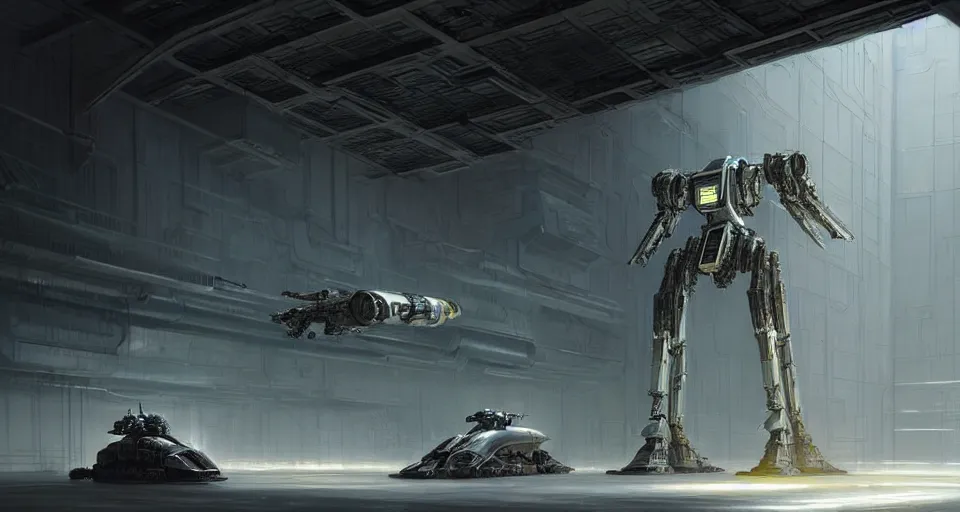 Prompt: hyper realistic sci - fi matte concept art painting of a mecha in a starship hanger, beautiful details, strong composition painted by kim jung guweta studio rutkowski, james gurney and greg rutkowski, and lucasfilm, smooth, intricate, detailed, sharp focus, cinematic