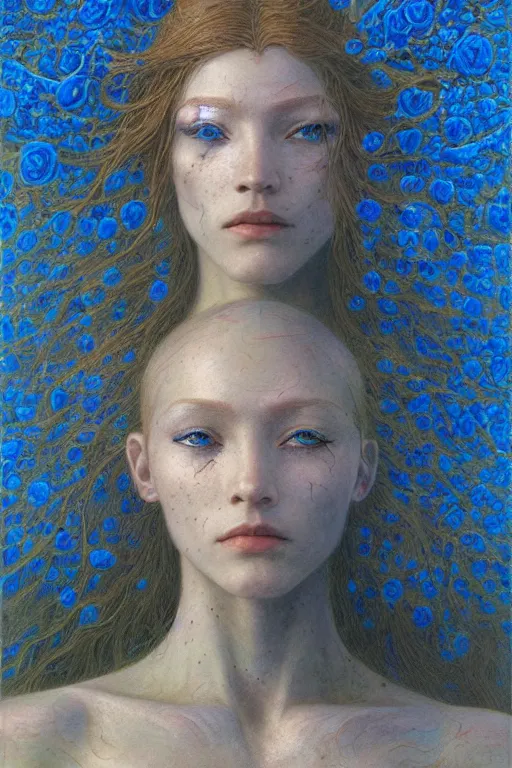 Prompt: portrait of beautiful young mainem, warhammer, russian style, cyber armor with scars, a lot of more scars, more and more flowers, blue head, the middle ages, highly detailed, artstation, illustration, art by jean delville, 8 k quality