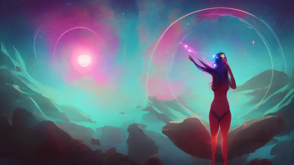 Image similar to a beautiful whimsical goddess standing in a lake basking in the moonlight, underneath a multi-colored binary blackhole with an accretion disc, glowing trails following her arm, by Lois van Baarle, by Greg Rutkowski, by artgerm, by beeple, by studio ghibli, cinematic angle, volumetric lighting, 4k resolution, octane render, trending on artstation, masterpiece