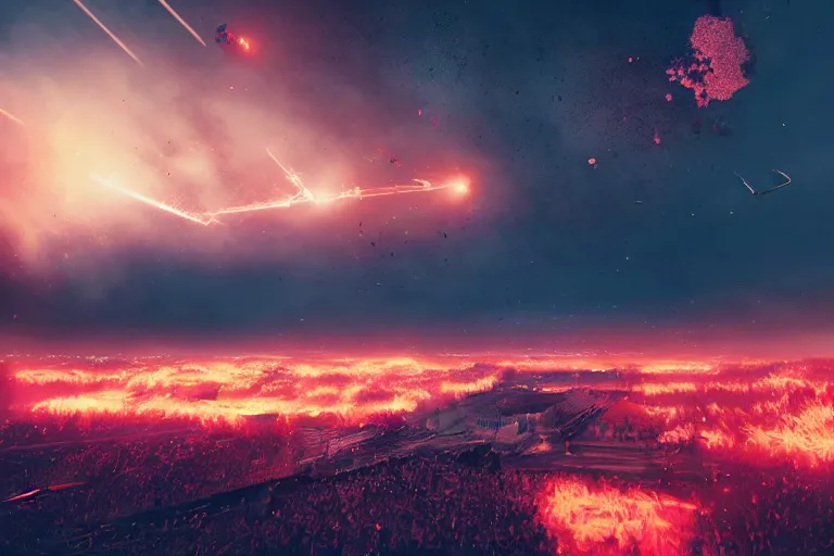 Image similar to meteors fall from the red sky down to a war - torn football stadium, crowds panic, cinematic lighting by jessica rossier, realistic, highly - detailed, 8 k, photorealistic, hyper detailed, unreal engine 5, imax quality, cinematic, epic lighting, football live, live sports