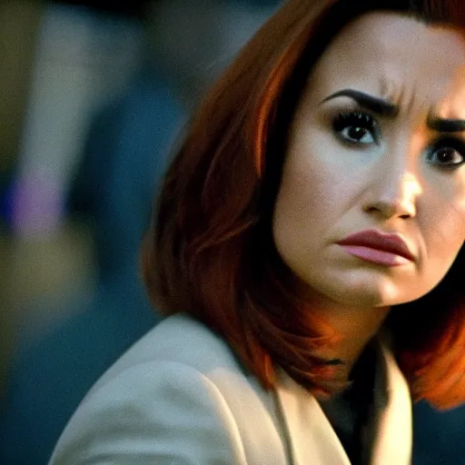 Image similar to close-up of Demi Lovato as Dana Scully with brown hair in an X-Files movie directed by Christopher Nolan, movie still frame, promotional image, imax 35 mm footage