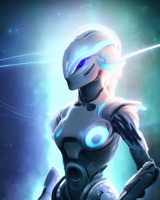 Image similar to perfect android girl on a mothership, warframe armor, beautiful face, scifi, futuristic, galaxy, nebula, raytracing, dreamy, long white hair, blue cyborg eyes, sharp focus, cinematic lighting, highly detailed, artstation, divine, by gauthier leblanc, kazuya takahashi, huifeng huang