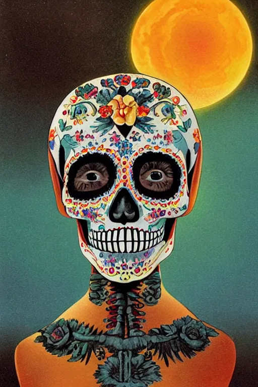 Image similar to Illustration of a sugar skull day of the dead girl, art by chesley bonestell