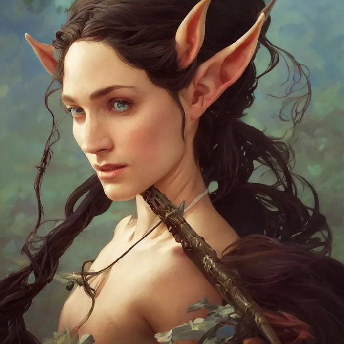 Image similar to excellent painted portrait of a half-elf bard, high quality painting with detailed face, 4k, trending on artstation, octane render, art by artgerm and greg rutkowski and alphonse mucha and craig mullins and James Jean and Andrei Riabovitchev and Marc Simonetti and peter mohrbacher