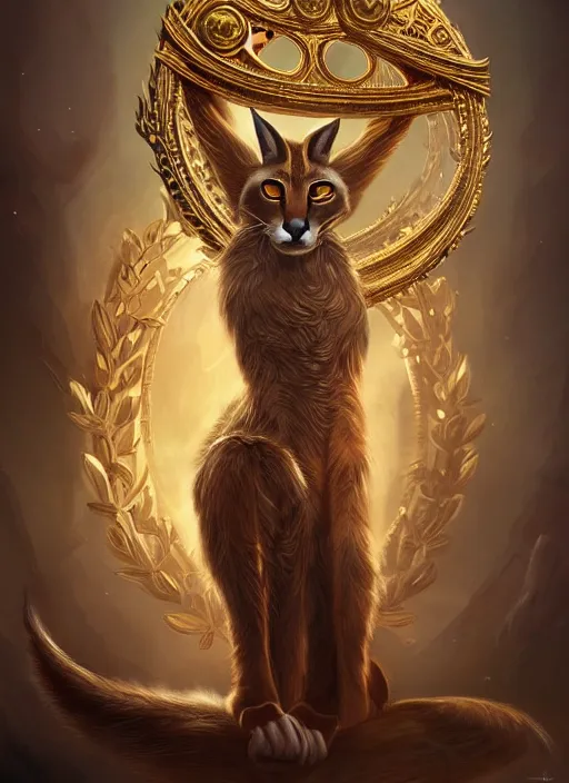 Image similar to cute caracal as apollo ancient god, golden wreath, details, fantasy, cyberpunk city, intricate, decadent, highly detailed, octane render, digital painting, artstation, concept art, sharp focus, illustration, art by artgerm, loish, wlop