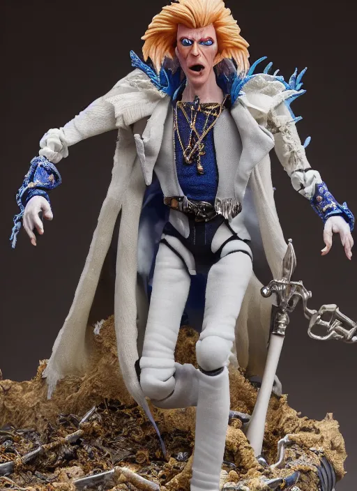 Image similar to product photography of a claymation action figure david bowie as jareth the goblin king, labyrinth depth of field, zeiss lens, detailed, centered, by jim henson, erwin olaf, joop geesink, breathtaking, 8 k resolution, extremely detailed, beautiful, establishing shot, hyperrealistic