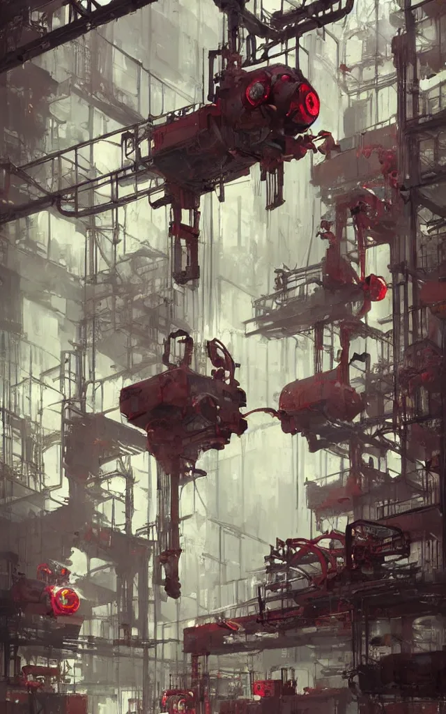 Image similar to dystopian factory building robots, with suspended rails and hanging mechanical parts, robotic arms, red leds, concept art by craig mullins, gloomy, neon lights