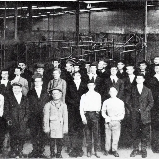 Prompt: grainy 1910s photo of a IT nerd army standing unused inside a warehouse